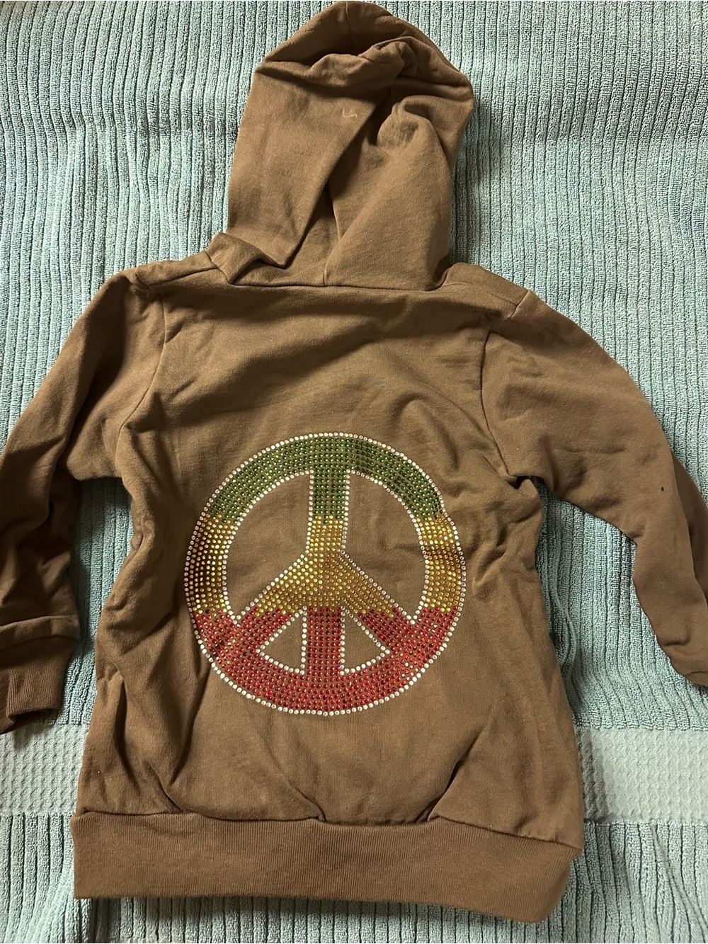 American Apparel olive Kids zipper Hoodie with rhinestone Peace Sign appliqué